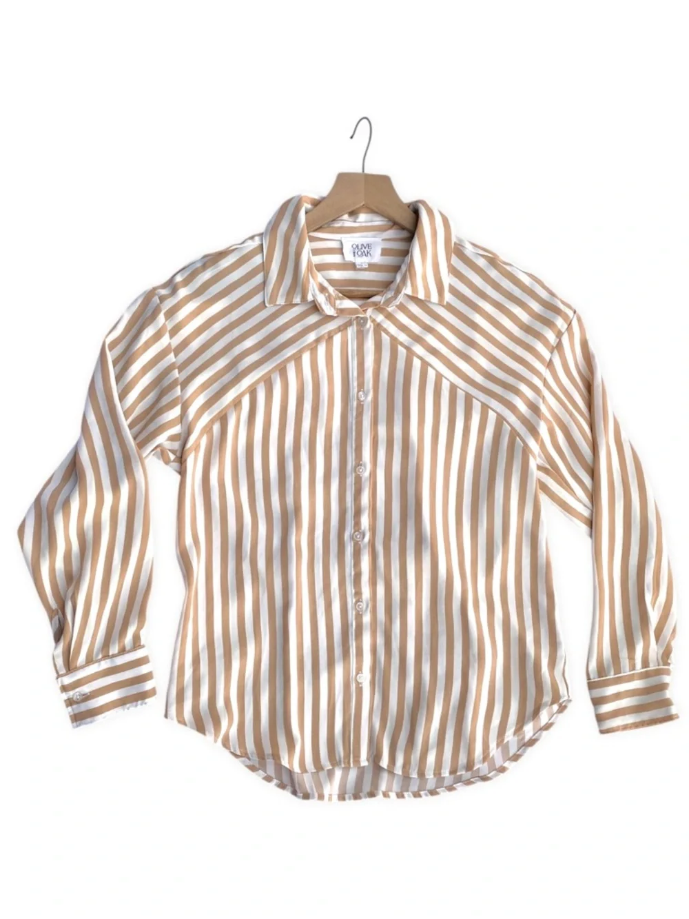 Olive & Oak Tan White Striped Button Down Blouse Womens Small Long Sleeve - Picture 10 of 12
